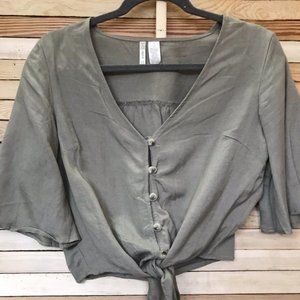 Green Linen button up tie crop top